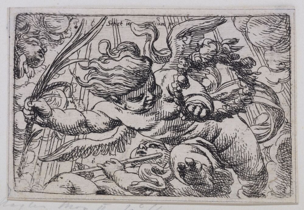 Vliegende engel met palmtak en krans in de handen