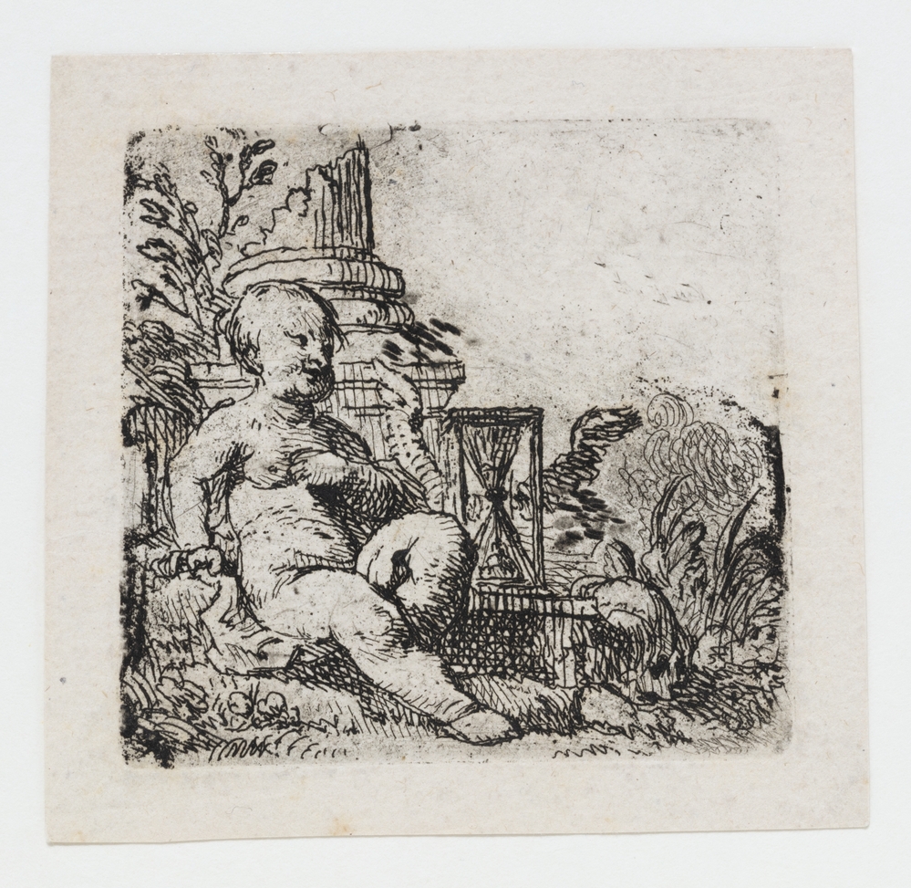 Kind zittend voor ruïne