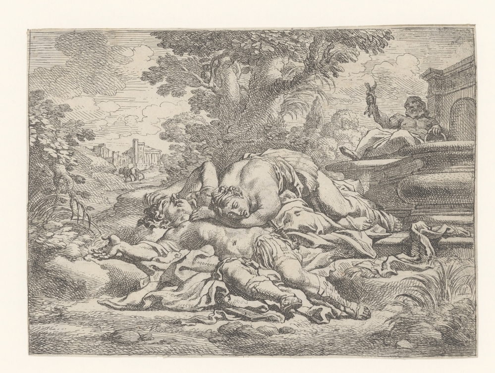 Thisbe treurt bij de stervende Pyramus