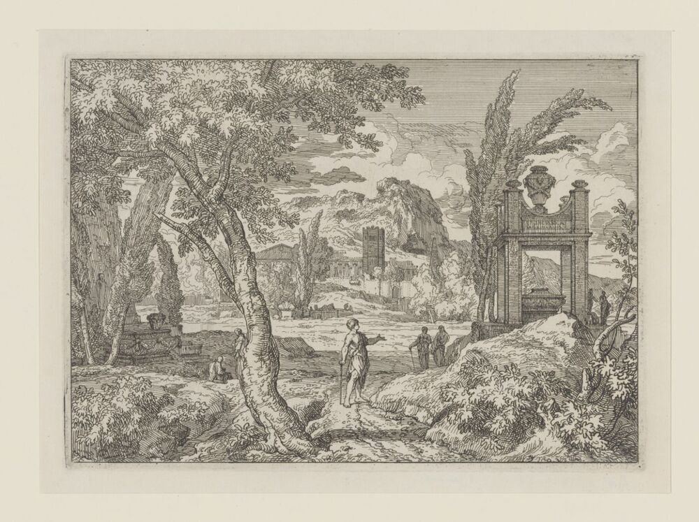 Arcadisch landschap met graftombe