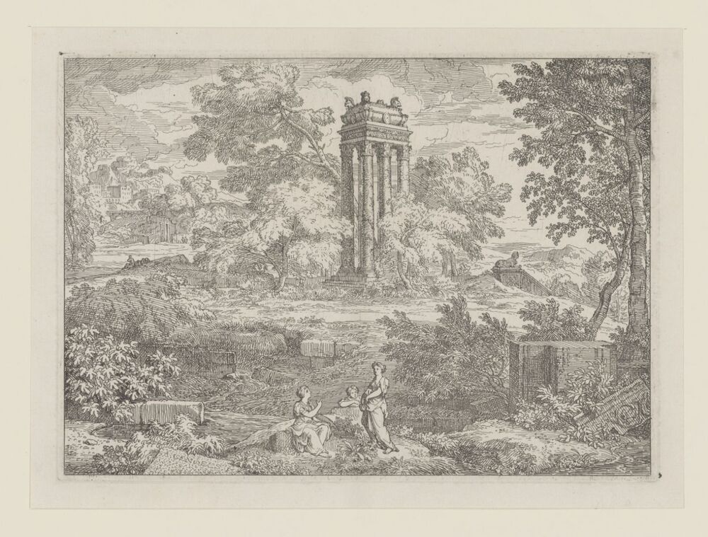 Arcadisch landschap met een mausoleum met zes zuilen (serie: 
Arcadische landschappen)