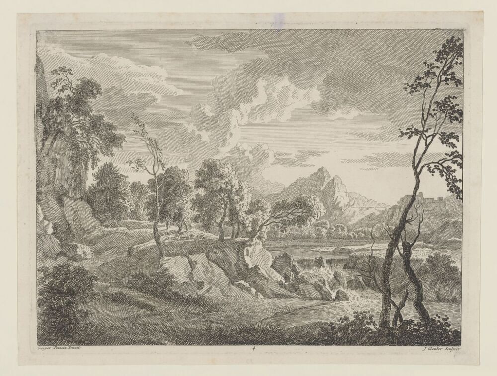 Heuvelachtig landschap met waterval (Landschappen naar Gaspar Poussin)