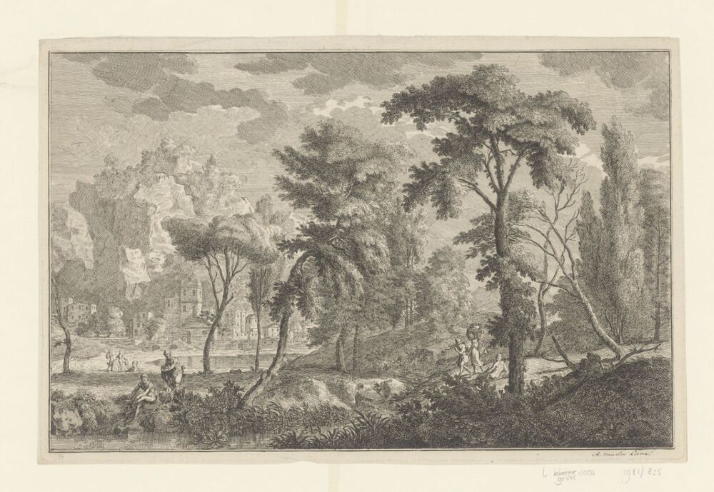 Arcadisch rivierlandschap met badende mannen (serie: Italiaanse en Duitse landschappen)