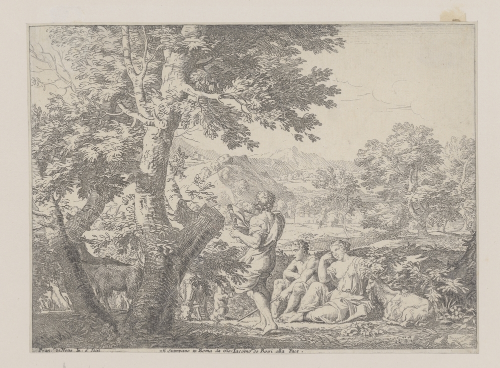 Landschap met herders en een hond