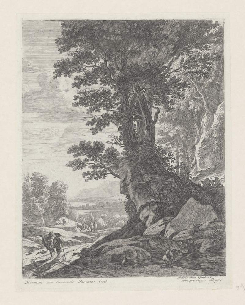 Landschap met een groep bomen en wandelaars (serie: Landschappen)