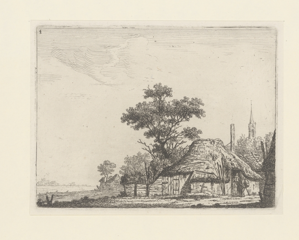 Boerderij met op de achtergrond een kerk (serie: Landschappen met woningen)