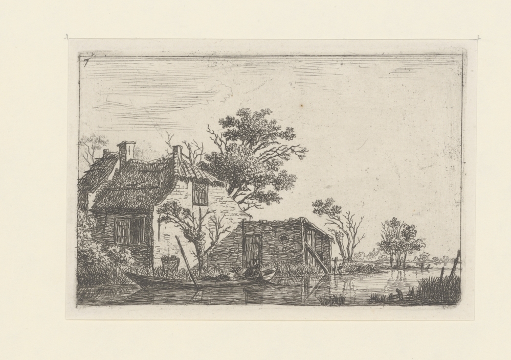 Boerderij aan het water en visser in boot (serie: Landschappen met woningen)