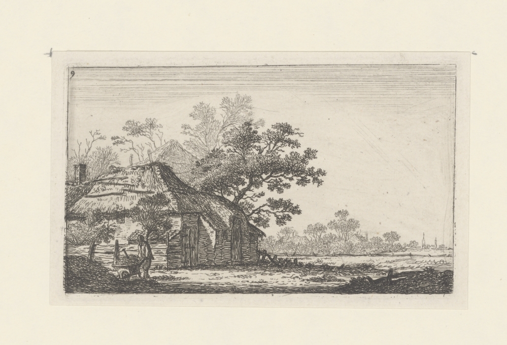 Landschap met boerderij en boer met kruiwagen (serie: Landschappen met woningen)