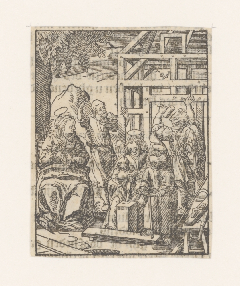 Engelen en een man die een huis bouwen voor een oude vrouw