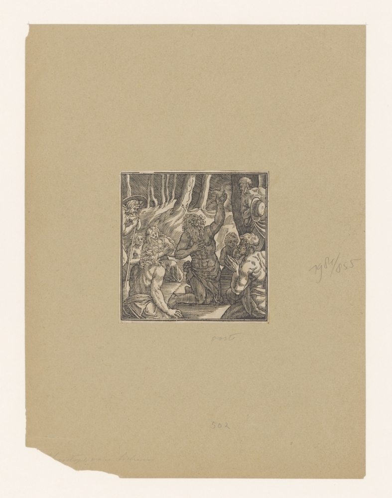 Geknielde man temidden van andere figuren