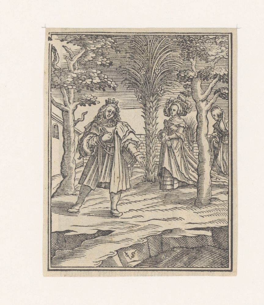 O.T. scene: Heer en twee dames in een tuin