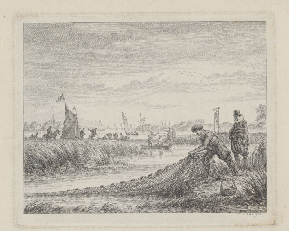 Riviergezicht met vissers