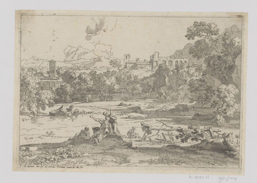 Landschap met figuren aan een oever