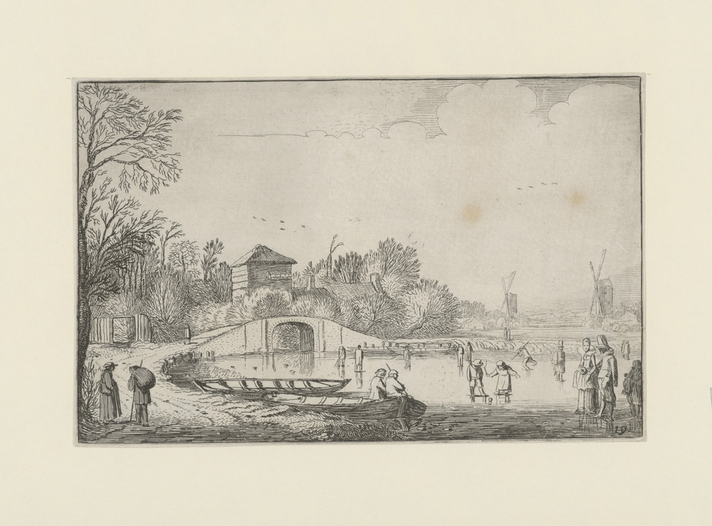 Landschap met twee molens en een bruggetje