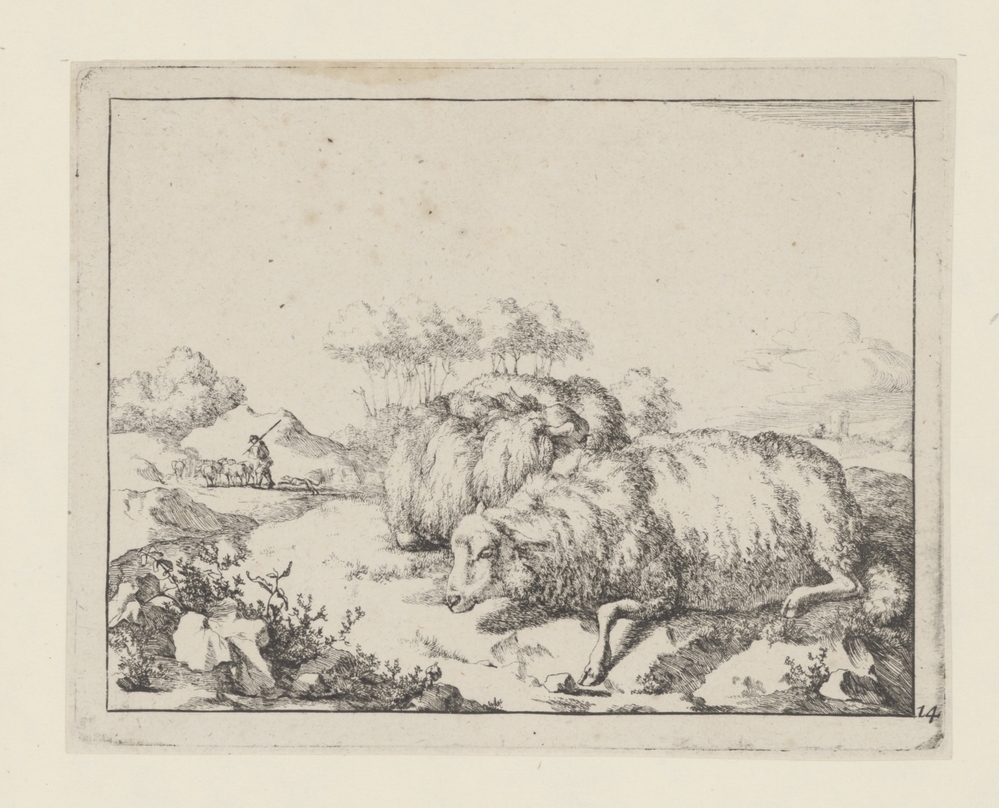 Schapen en kudde met herder (uit serie)