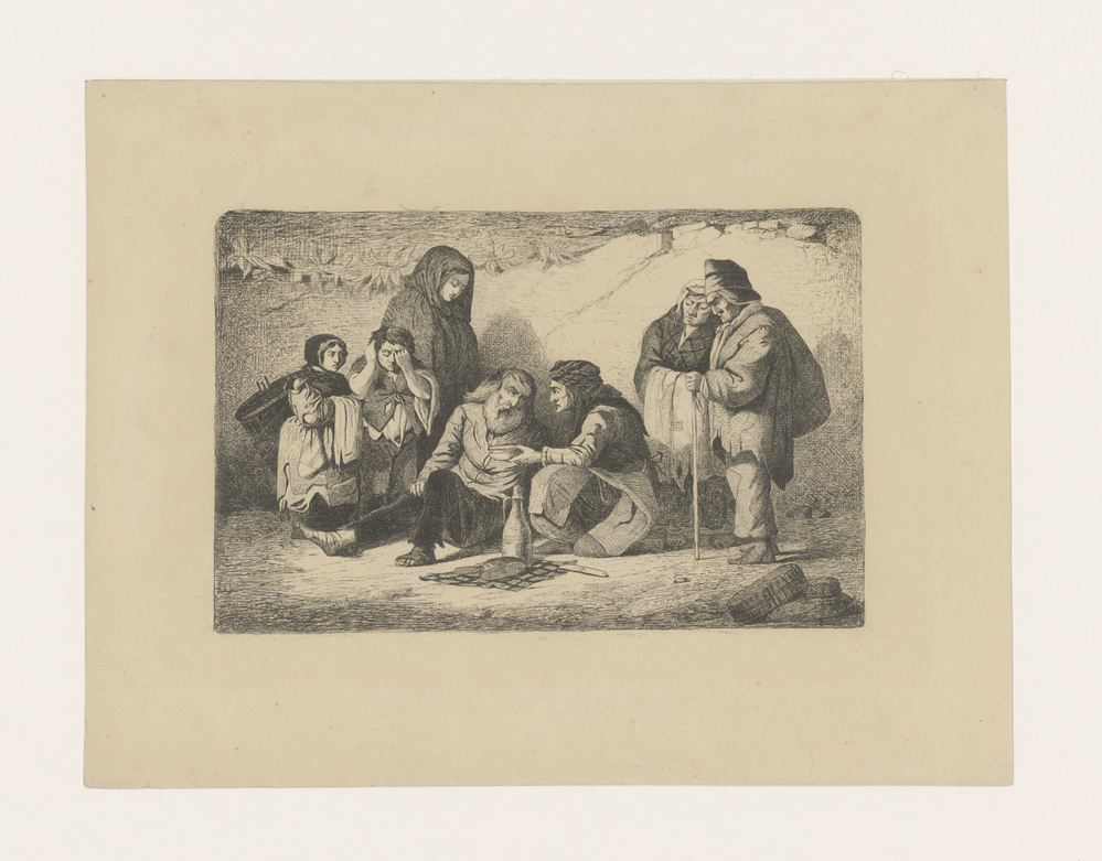 Groep van vier armen krijgt van drie andere figuren eten aangeboden