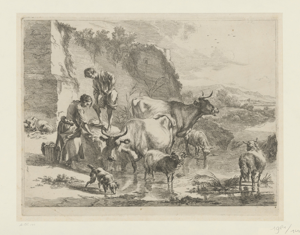 Wassende vrouw met drinkende dieren