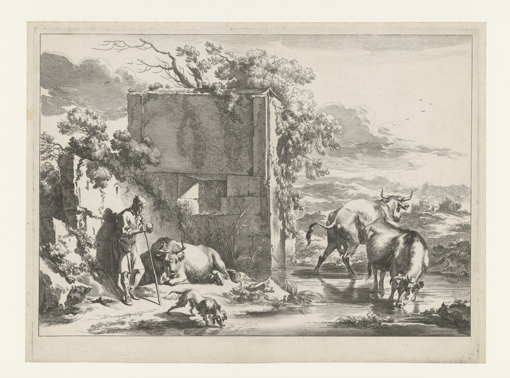 Herder met vee bij muur