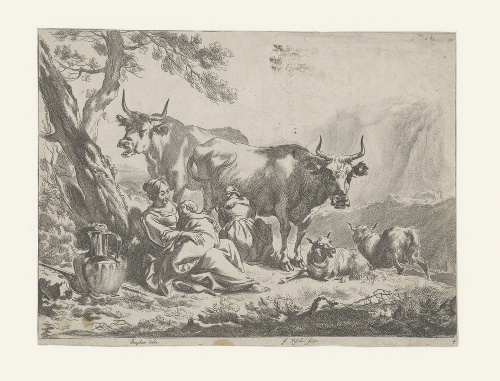 Een vrouw met kind en een vrouw die een koe melkt