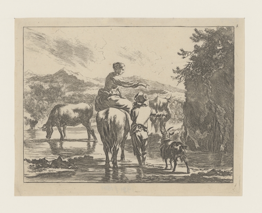 Landschap met vrouw op paard en man