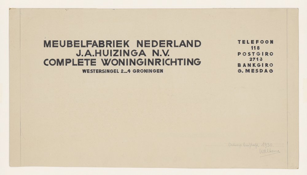Ontwerp briefhoofd Meubelfabriek Ned. J.A. Huizinga