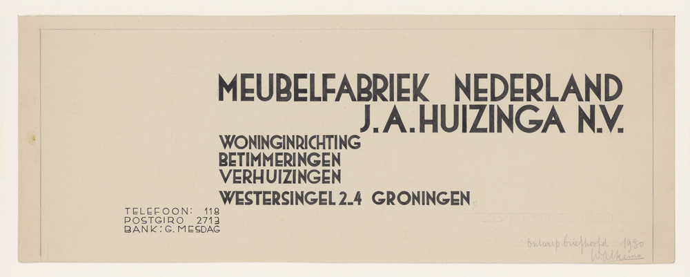 Ontwerp briefhoofd Meubelfabriek Ned. J.A. Huizinga