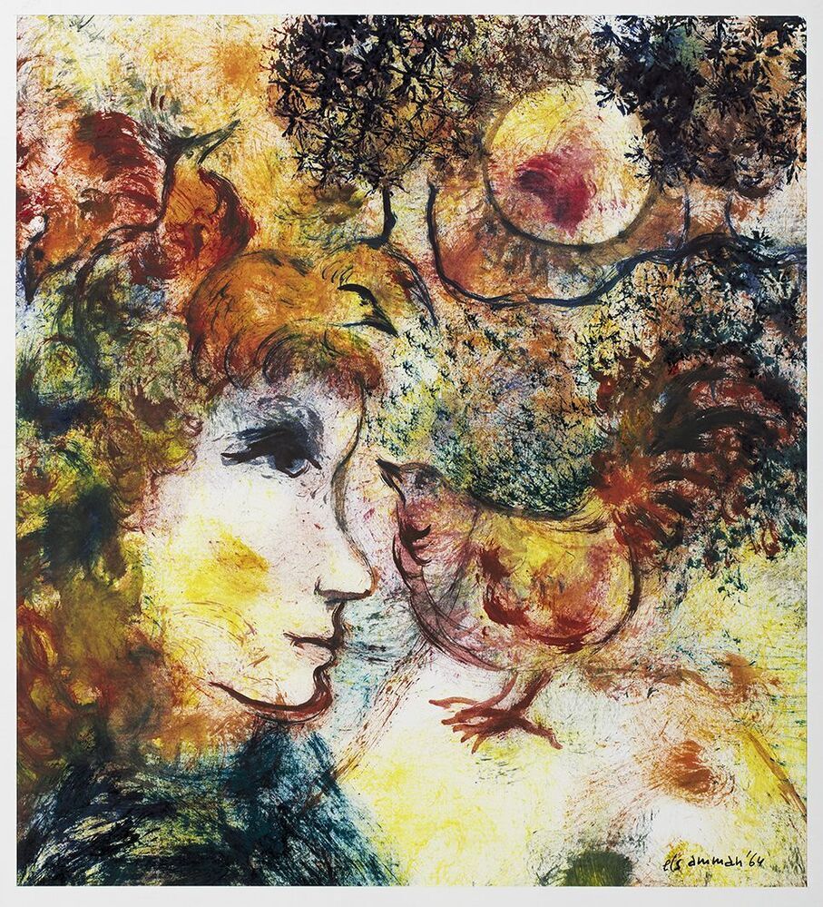 Meisje 'en profile' met vogels, zon en bomen