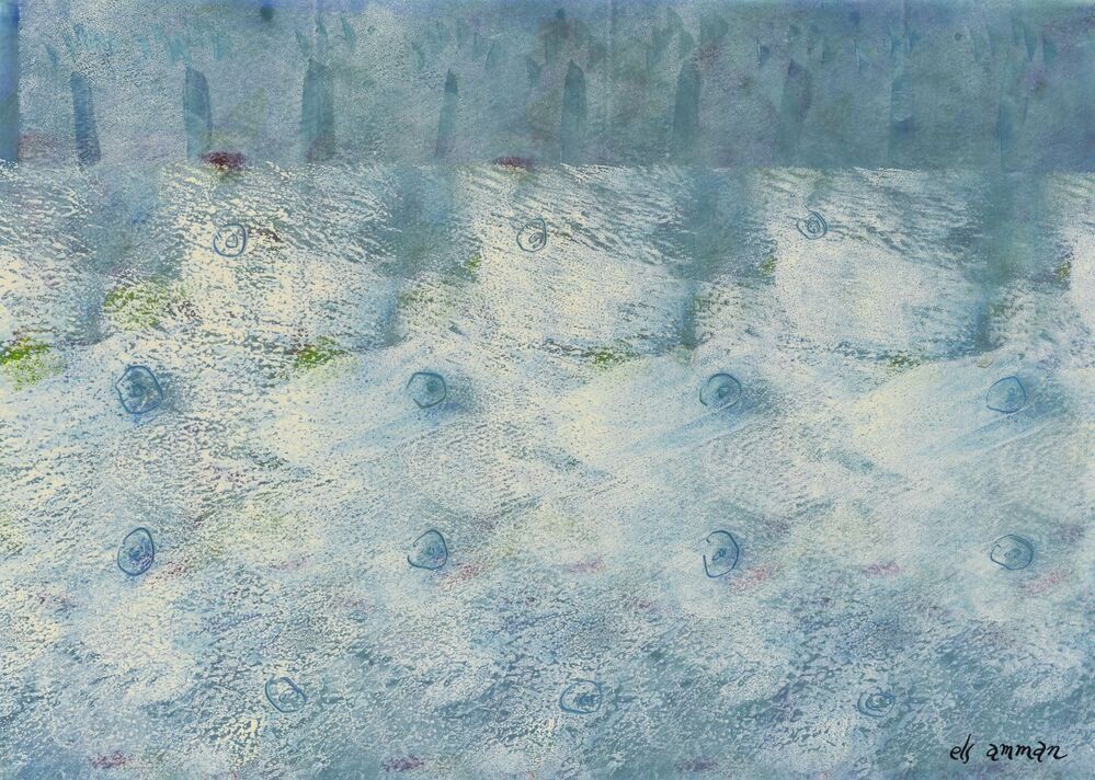 Bomen op achtergrond en circels in blauw