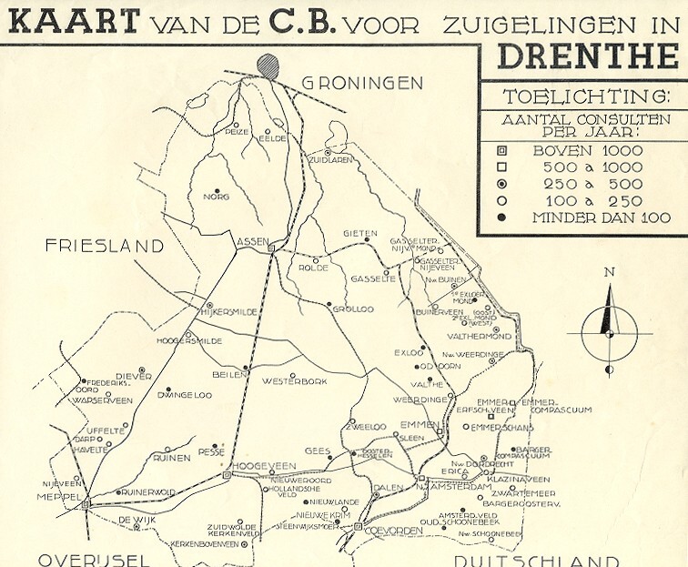 kaart van de C.B. voor zuigelingen in Drenthe, ontwerp W.A.