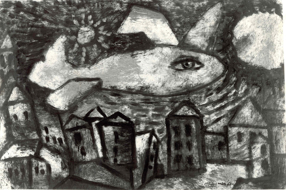 Dreigend oranje wezen, met huizen op ondergrond