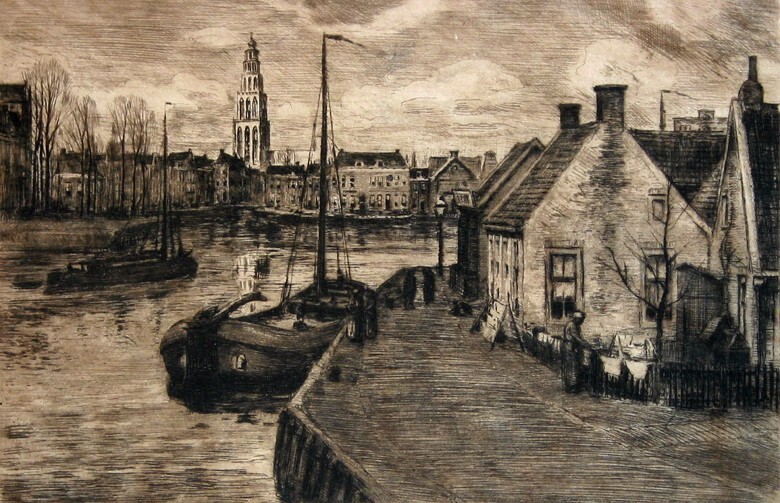 Gezicht op de stad Groningen vanaf de Bontebrug