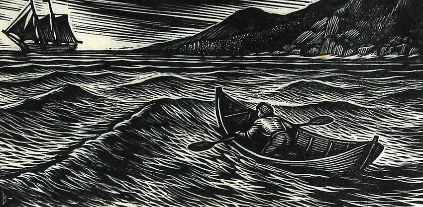 Jim in de boot van Benn Gunn op weg naar het schip