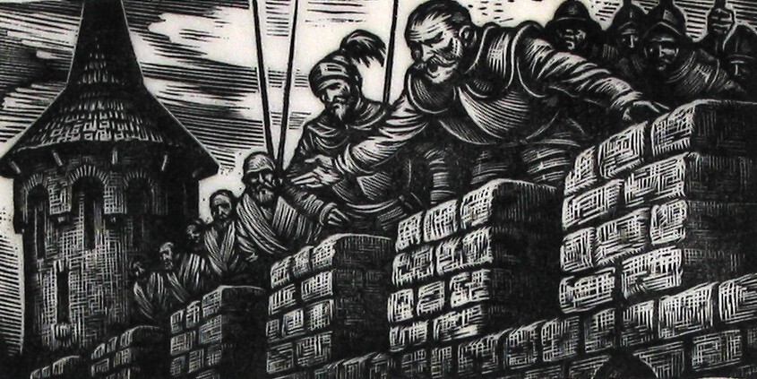 De dikke kapitein brulde van boven van de muur