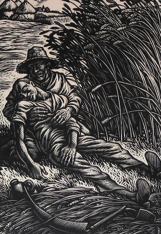 De vader met zijn dode zoon in de armen