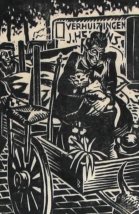 Vrouw met kat op handkar