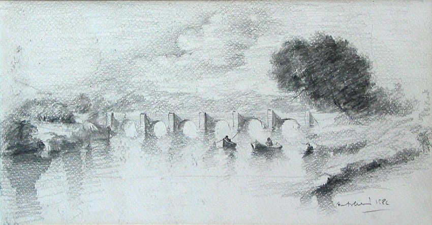 Rivierlandschap met brug en twee vissers