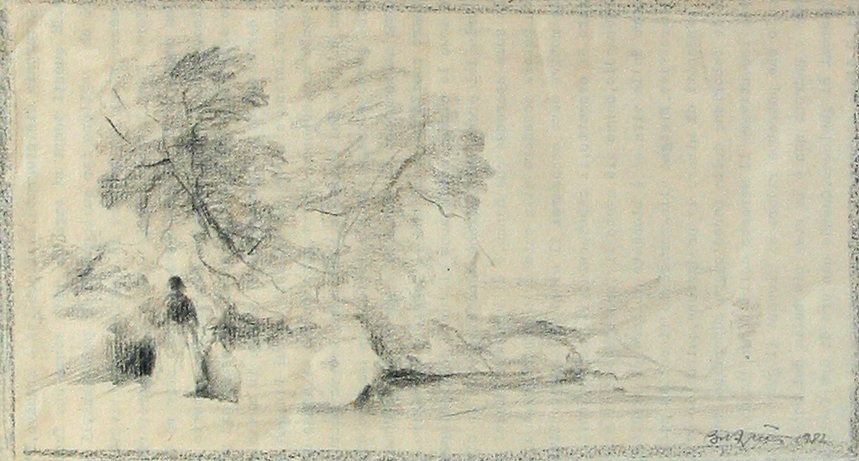 Landschap met twee bomen en vrouw