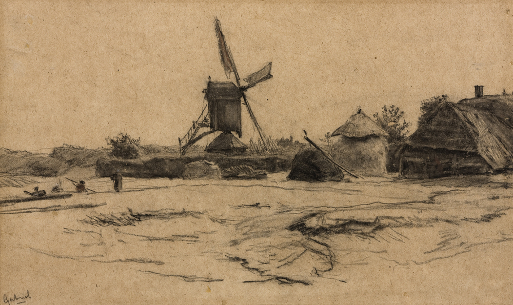 Landschap met molen en boerderij