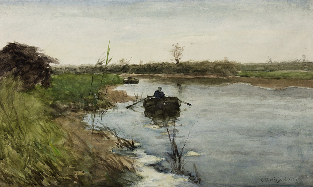 Polderlandschap met man in roeiboot