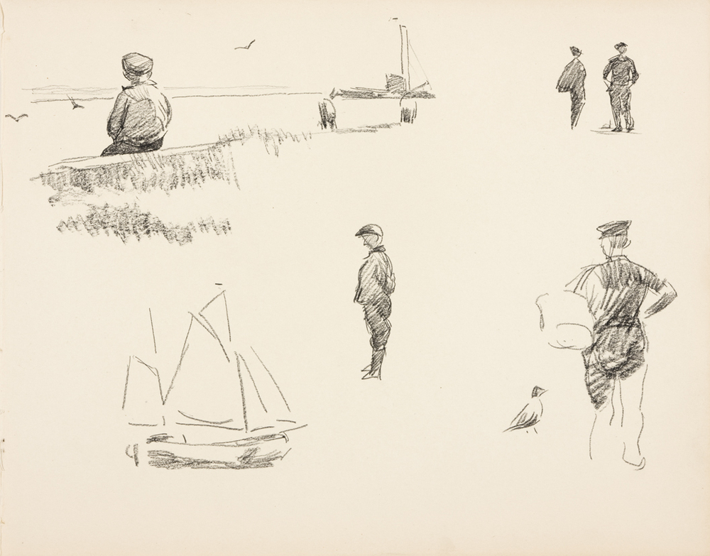 Jongen op kademuur, staande figuren, botter (uit: Zeventien schetsboekbladen Enkhuizen)