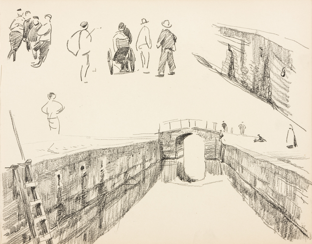 Sluiskolk met brug, figuurstudies (uit: Zeventien schetsboekbladen Enkhuizen)