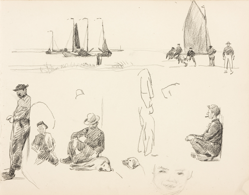 Botters in haven, hurkende man, rustende vissers (uit: Zeventien schetsboekbladen Enkhuizen)