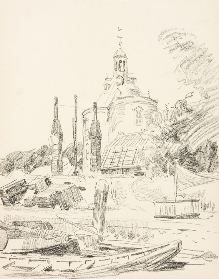 Havenkade, schoorstenen, Drommedaris (uit: Zeventien schetsboekbladen Enkhuizen)