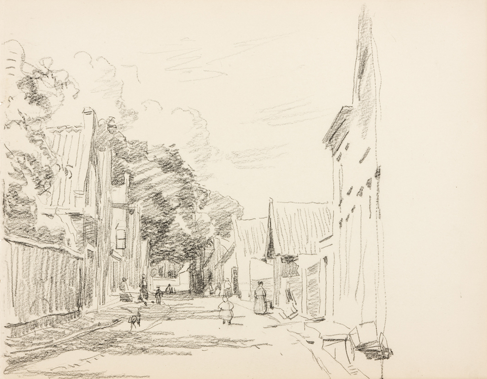 Zonnige straat met figuren (uit: Zeventien schetsboekbladen Enkhuizen)