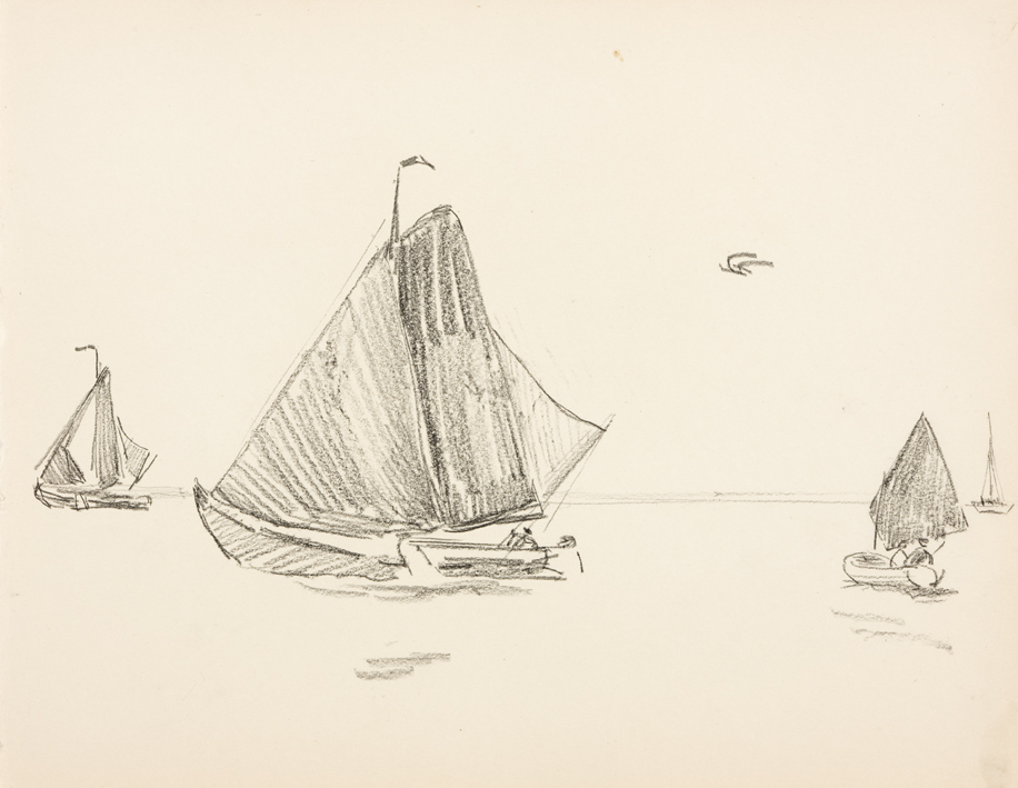 Twee zeilende botters, jol (uit: Zeventien schetsboekbladen Enkhuizen)
