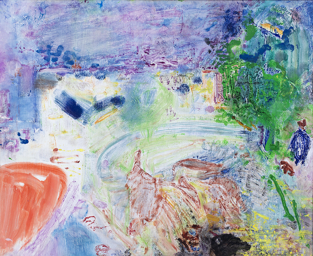 Aan de overkant een heer met bruine hond