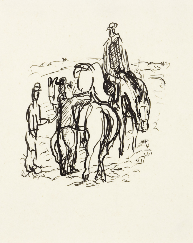 Ruiter te paard, afgestegen  en staande man met paard (SC-260)