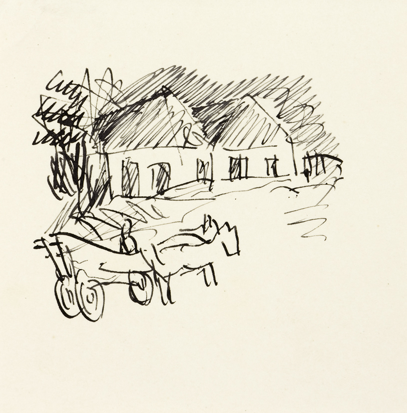 Paard en wagen op boerderij toerijdend van de zijkant gezien (SC-391)