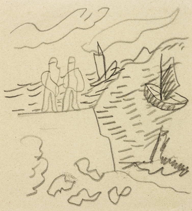 Twee figuren op kade met zeilboot (SC-1024)