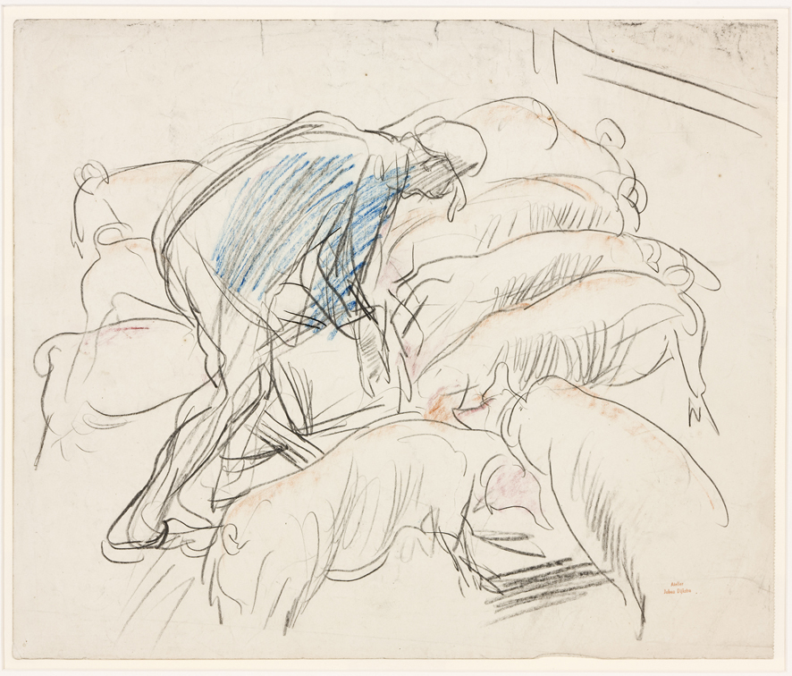 Varkens met voederende boer